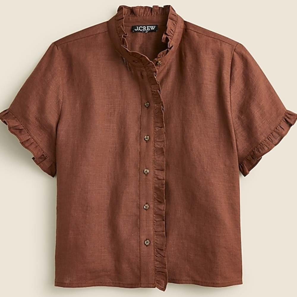 NWT J.Crew Ruffle Trim Linen Button Up